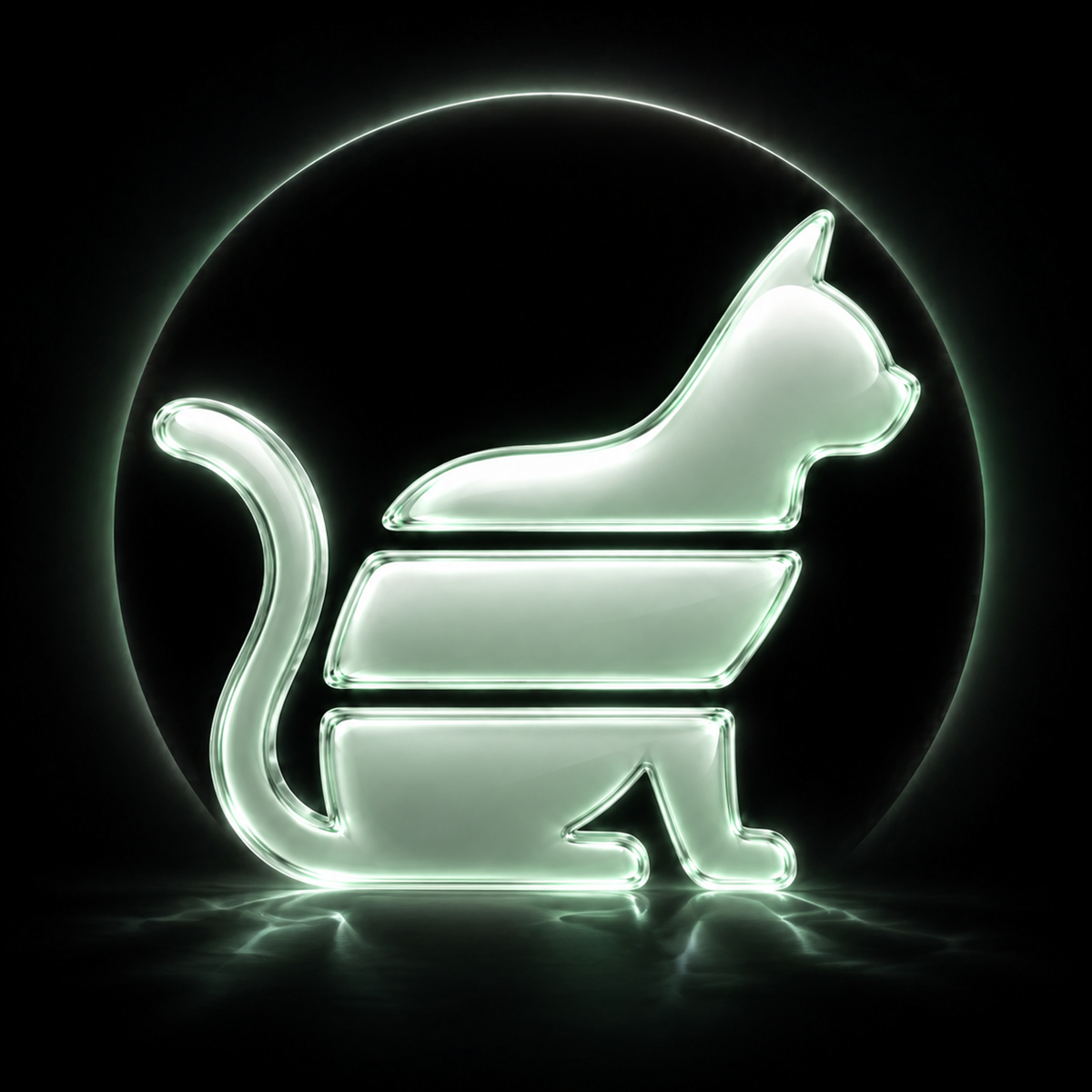 A three-piece translucent mint glass cat floating in a black portal