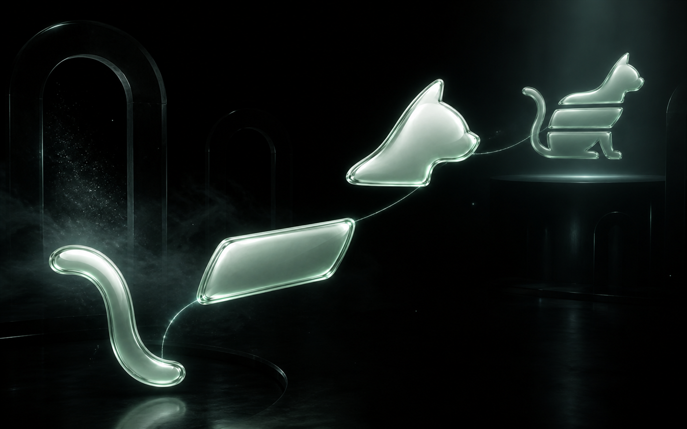 The glass fragments of PonsCat drifting through a dark chamber and assembling in the distance